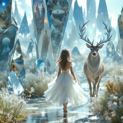 The primary subject of the image is a young girl walking through a forest. She is wearing a white dress and appears to be enjoying her time in the woods. The setting is a forest with a variety of trees and a stream running through it. The visual style of the image is a digital art, creating a whimsical and magical atmosphere. The colors in the image are predominantly white and green, giving the scene a serene and peaceful mood.